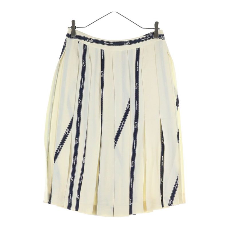 Hermes Ribbon Logo-print Silk Medium Pleated Skirt White/navy Women