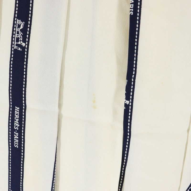 Hermes Ribbon Logo-print Silk Medium Pleated Skirt White/navy Women