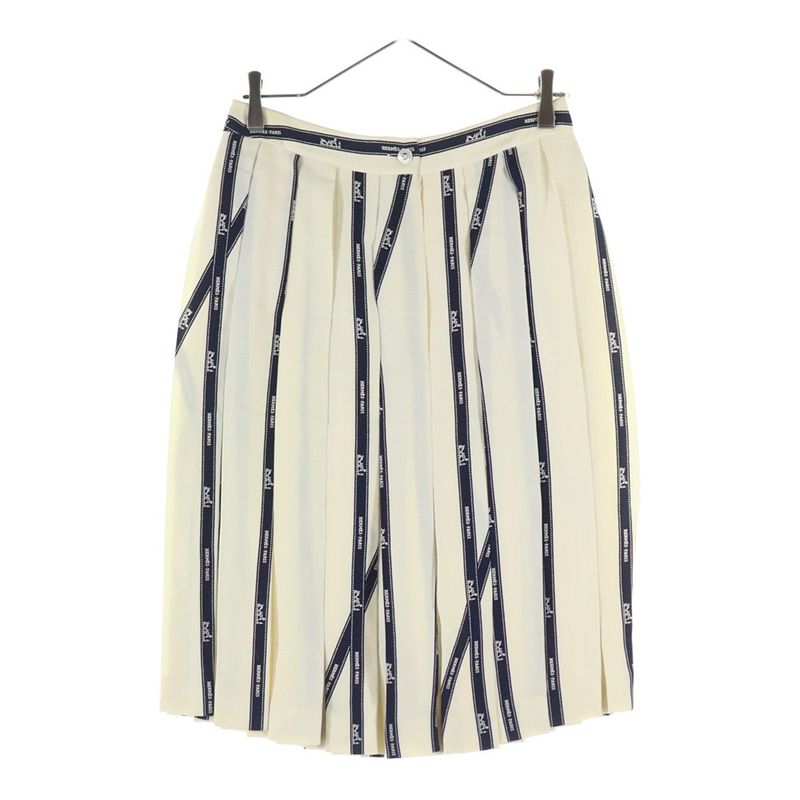 Hermes Ribbon Logo-print Silk Medium Pleated Skirt White/navy Women