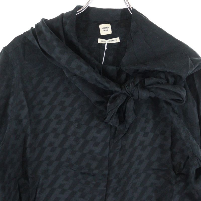 Hermes H Logo All Over Bicolor Silk Long Sleeves Shirt Blouse Black Women