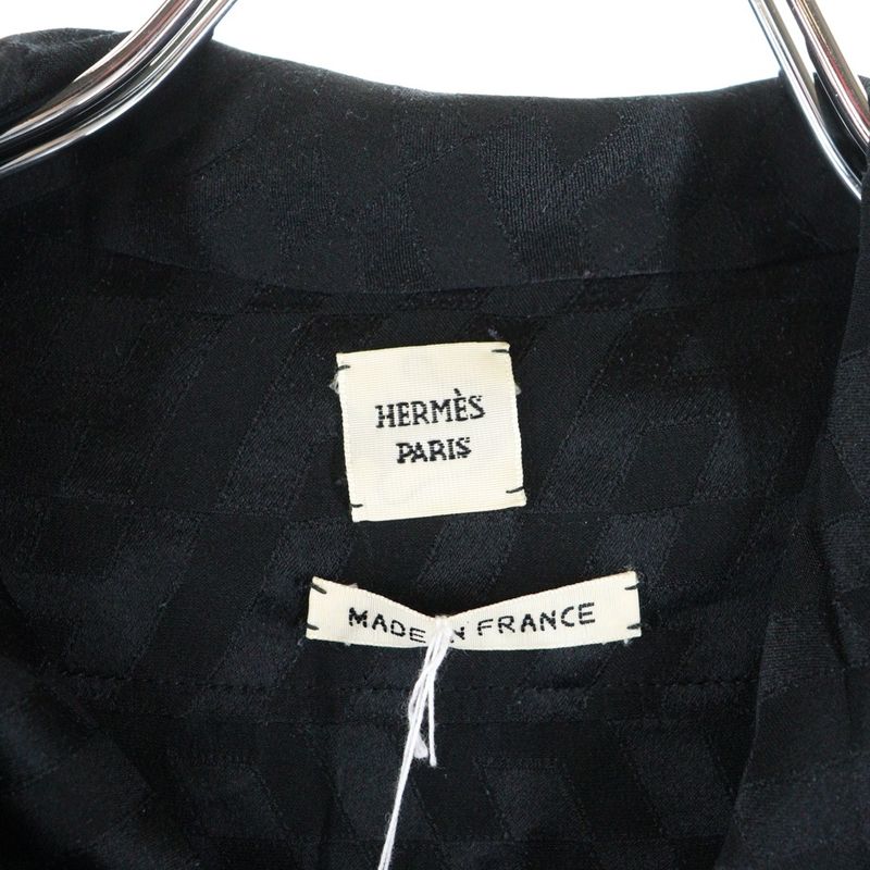 Hermes H Logo All Over Bicolor Silk Long Sleeves Shirt Blouse Black Women