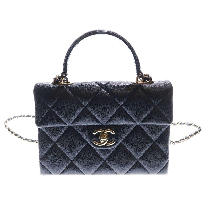 Chanel Top Handle 2WAY Handbag Shoulder Bag Black Caviar Skin Gold Hardware