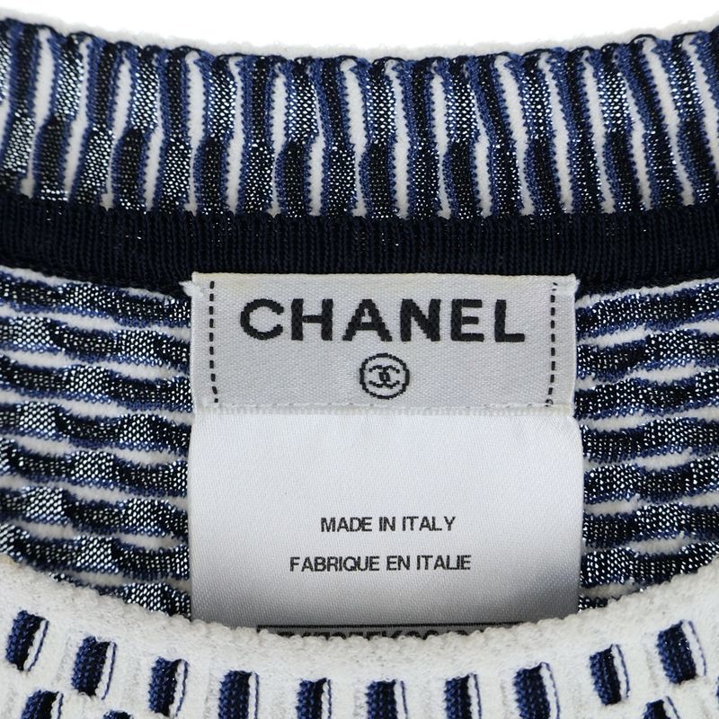 Chanel Coco Logo Plate Viscose Rayon Knit Waffle Fabric Crew Neck Short Sleeves