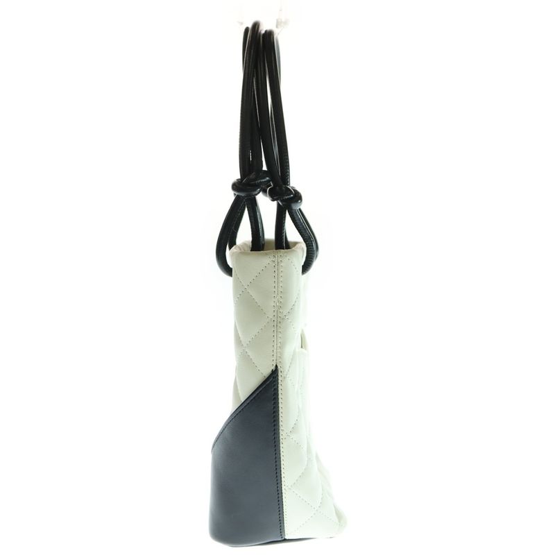 Chanel Cambon Line Small Quilted Tote Handbag Mini Bag White And Black Leather