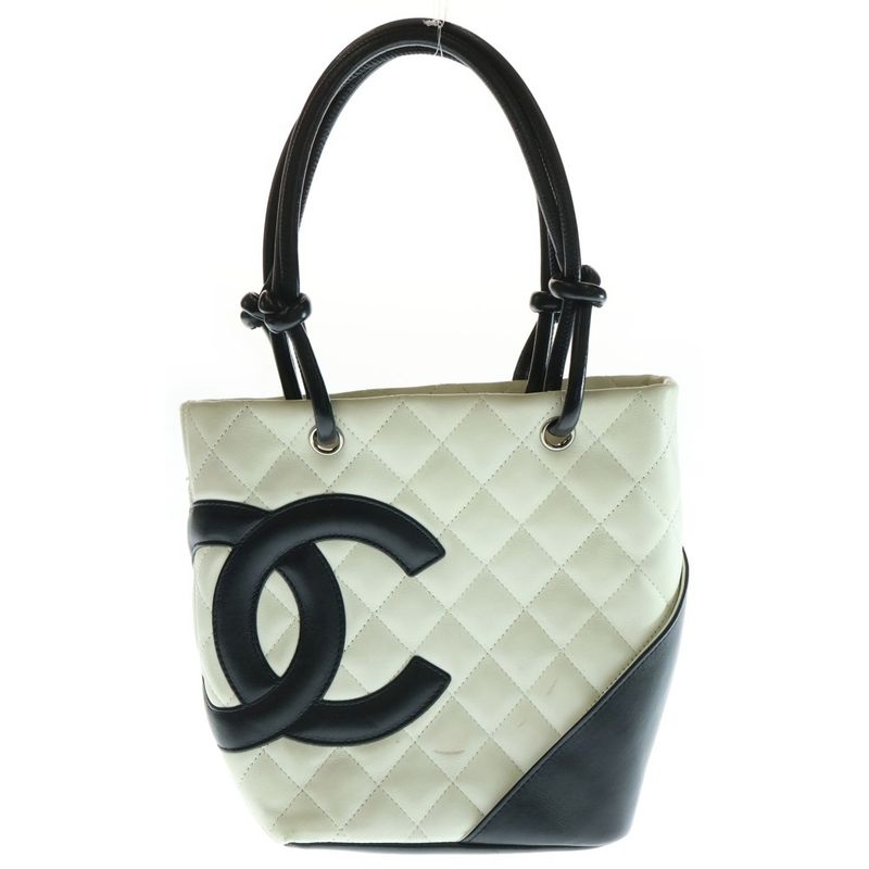 Chanel Cambon Line Small Quilted Tote Handbag Mini Bag White And Black Leather