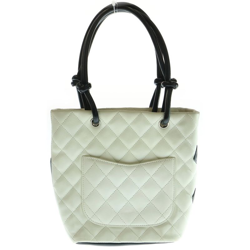 Chanel Cambon Line Small Quilted Tote Handbag Mini Bag White And Black Leather