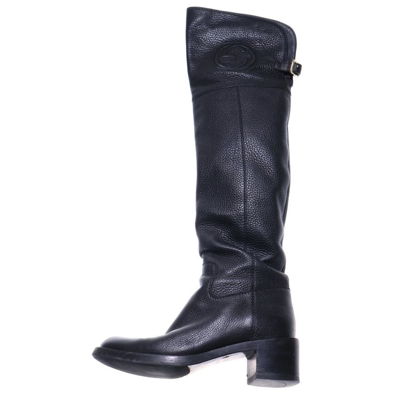 Gucci Interlocking G Logo Embossed Leather Long Boots Black Women 296093