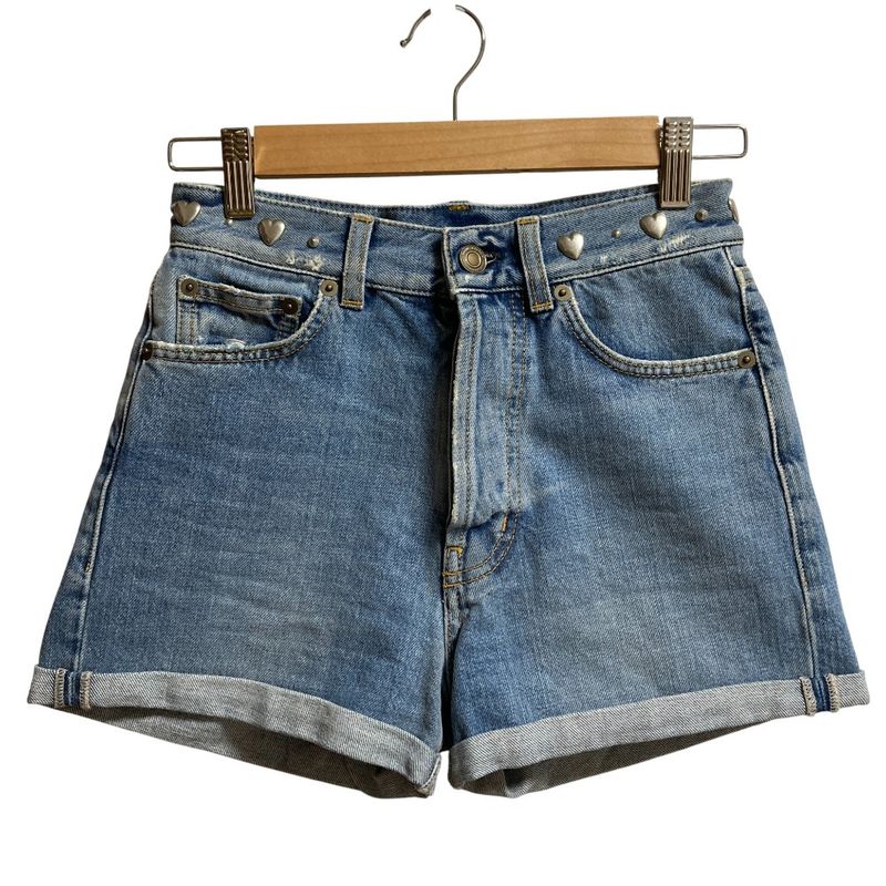 Saint Laurent Paris Heart Studded Denim Shorts 449007 Size 24 Blue Women Used