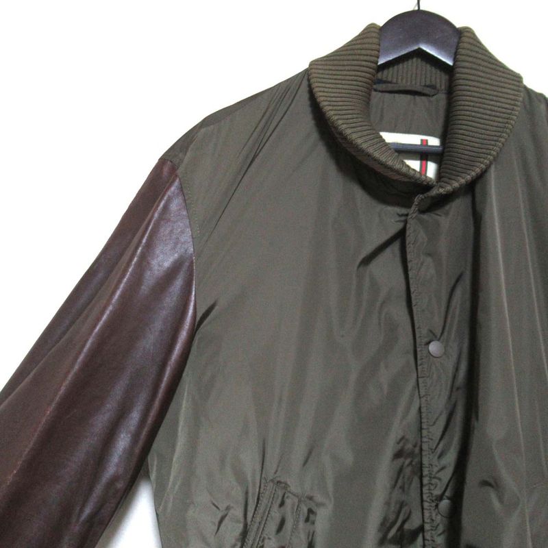 Gucci Sleeve Leather Cutout Padded Nylon Blouson Jacket 253498 Size 52 Khaki X