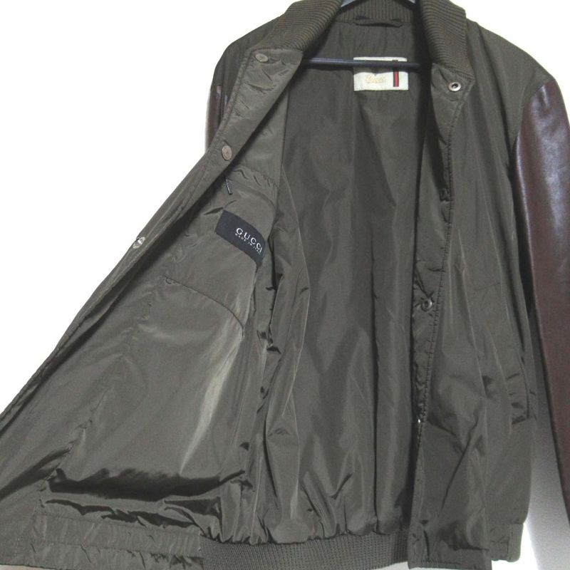 Gucci Sleeve Leather Cutout Padded Nylon Blouson Jacket 253498 Size 52 Khaki X