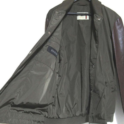 Gucci Sleeve Leather Cutout Padded Nylon Blouson Jacket 253498 Size 52 Khaki X