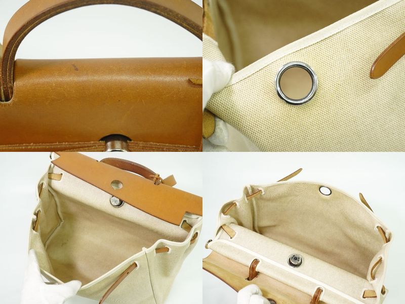 Authentic Hermes Herbag MM Toile Ash 2WAY Shoulder Bag Handbag □E Engraved