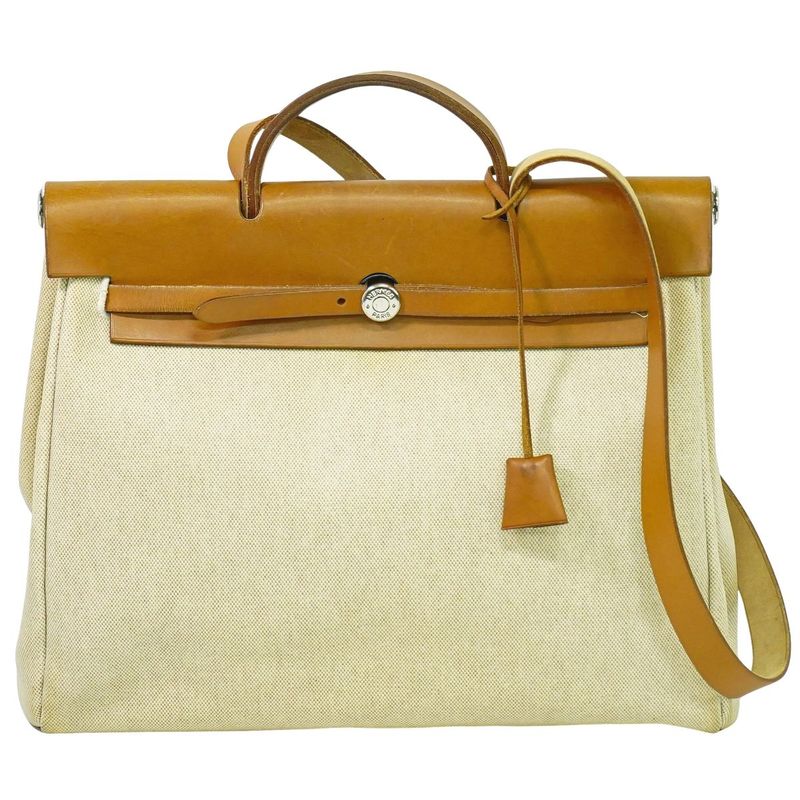 Authentic Hermes Herbag MM Toile Ash 2WAY Shoulder Bag Handbag □E Engraved