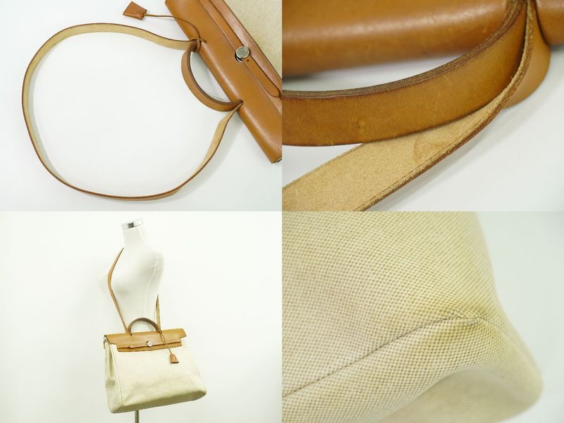 Authentic Hermes Herbag MM Toile Ash 2WAY Shoulder Bag Handbag □E Engraved