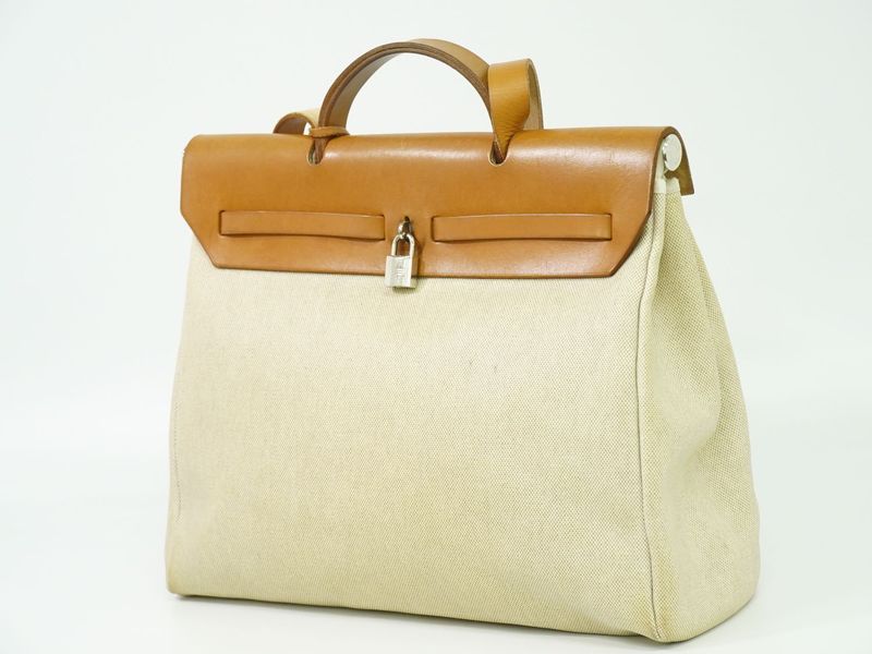 Authentic Hermes Herbag MM Toile Ash 2WAY Shoulder Bag Handbag □E Engraved