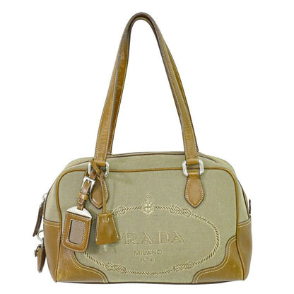 Authentic Prada Logo Jacquard Tote Handbag Canvas Beige Brown Bag Pre-owned