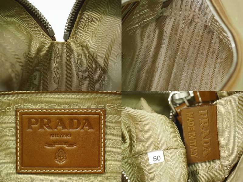 Authentic Prada Logo Jacquard Tote Handbag Canvas Beige Brown Bag Pre-owned