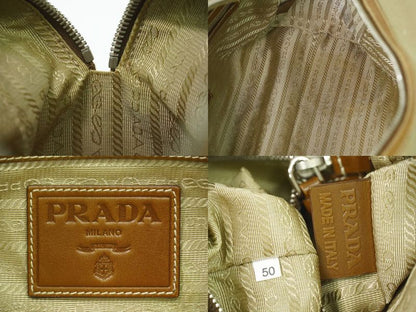 Authentic Prada Logo Jacquard Tote Handbag Canvas Beige Brown Bag Pre-owned