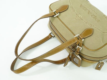 Authentic Prada Logo Jacquard Tote Handbag Canvas Beige Brown Bag Pre-owned