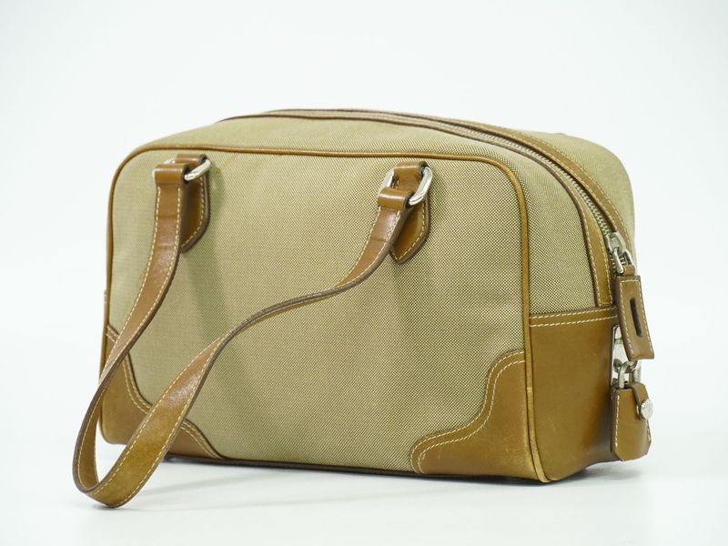 Authentic Prada Logo Jacquard Tote Handbag Canvas Beige Brown Bag Pre-owned