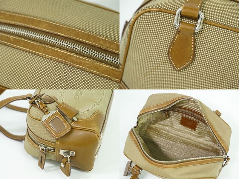 Authentic Prada Logo Jacquard Tote Handbag Canvas Beige Brown Bag Pre-owned