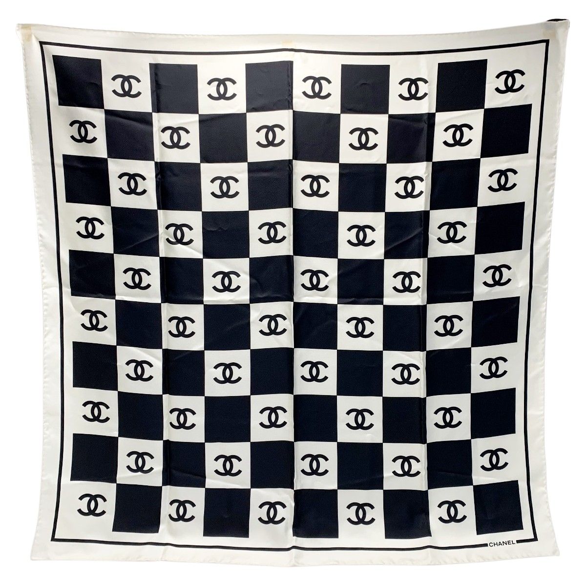 Chanel Block Check Coco Mark White X Black Scarf Ladies