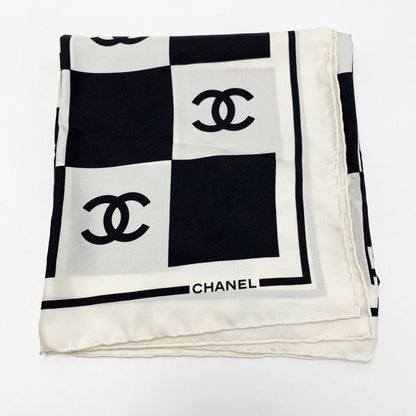 Chanel Block Check Coco Mark White X Black Scarf Ladies