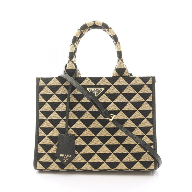 Prada Tote Bag Triangolo Jacqu Symbol Embroidery Small 1ba354 Beige/black