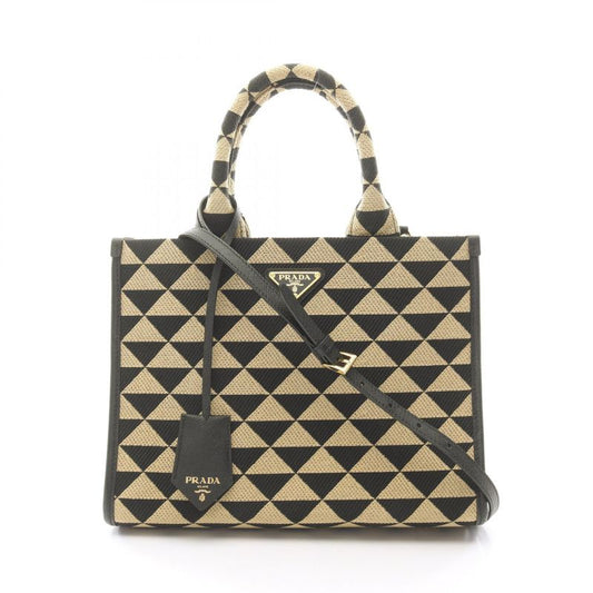 Prada Tote Bag Triangolo Jacqu Symbol Embroidery Small 1ba354 Beige/black