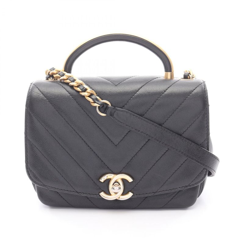 Chanel Shoulder Bag Chevron V Stitch Top Handle Black Leather Chevron V Stitch