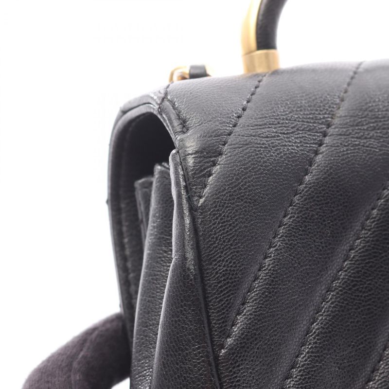 Chanel Shoulder Bag Chevron V Stitch Top Handle Black Leather Chevron V Stitch