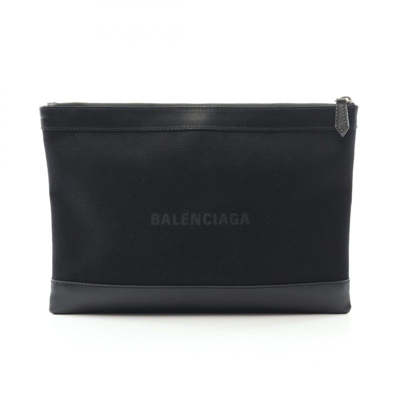 Balenciaga Second Bag Clutch Bag Navy Clip M 373834 Black Canvas Leather Navy