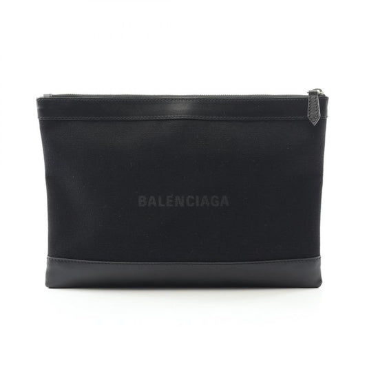 Balenciaga Second Bag Clutch Bag Navy Clip M 373834 Black Canvas Leather Navy