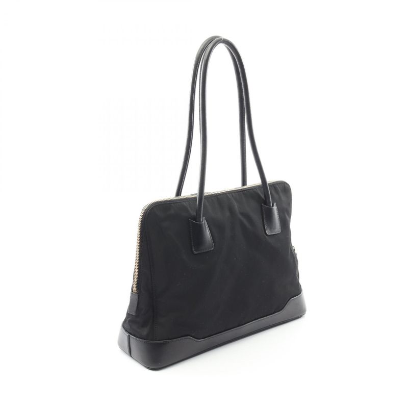 Prada Tote Bag Black Nylon Leather Triangle Logo Shoulder Bag Women Used B