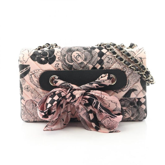 Chanel Shoulder Bag Camellia Pink/black Lambskin Camellia Pattern Scarf Ribbon