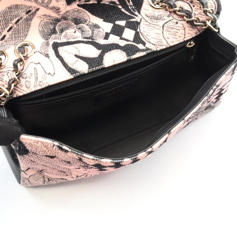 Chanel Shoulder Bag Camellia Pink/black Lambskin Camellia Pattern Scarf Ribbon