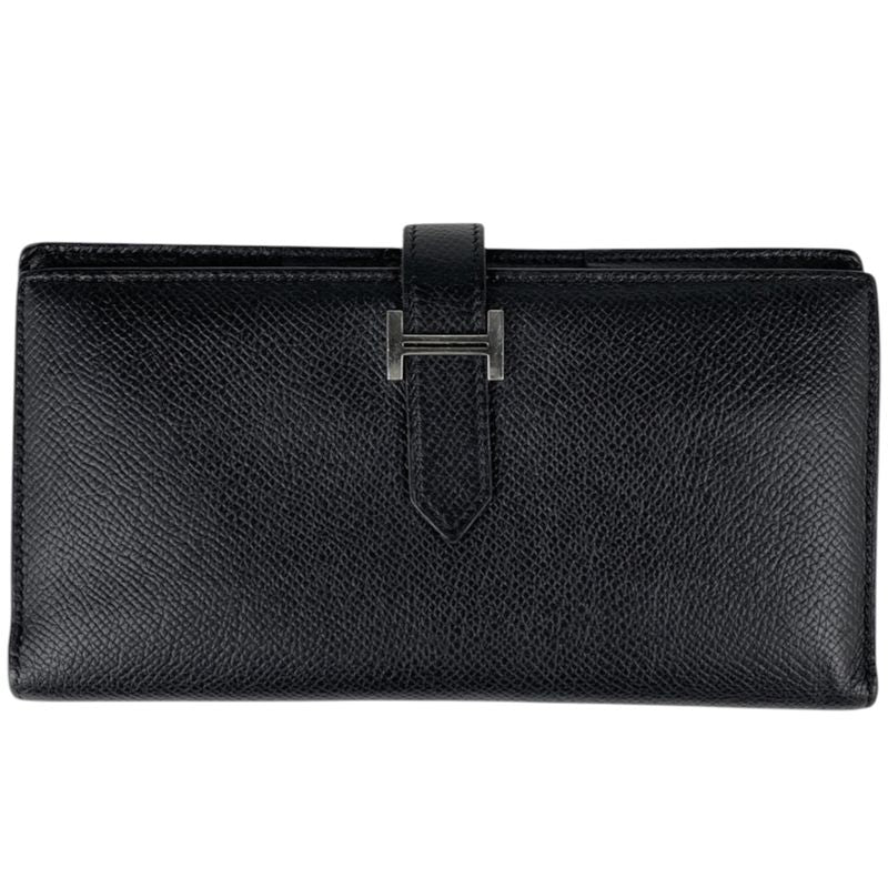 Hermes Bearn Souffle Foldable H Logo Long Wallet Leather Black A Ladies