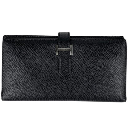 Hermes Bearn Souffle Foldable H Logo Long Wallet Leather Black A Ladies