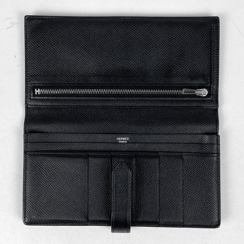 Hermes Bearn Souffle Foldable H Logo Long Wallet Leather Black A Ladies