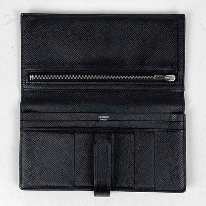 Hermes Bearn Souffle Foldable H Logo Long Wallet Leather Black A Ladies