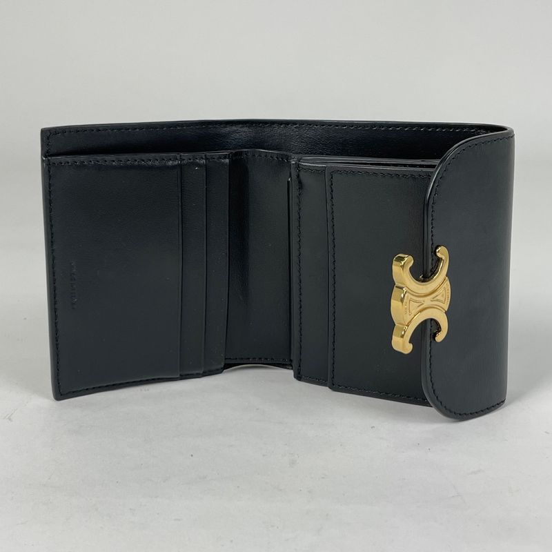 Celine Triomphe Small Flap Wallet Trifold Wallet Leather Black Women