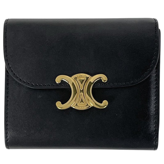 Celine Triomphe Small Flap Wallet Trifold Wallet Leather Black Women