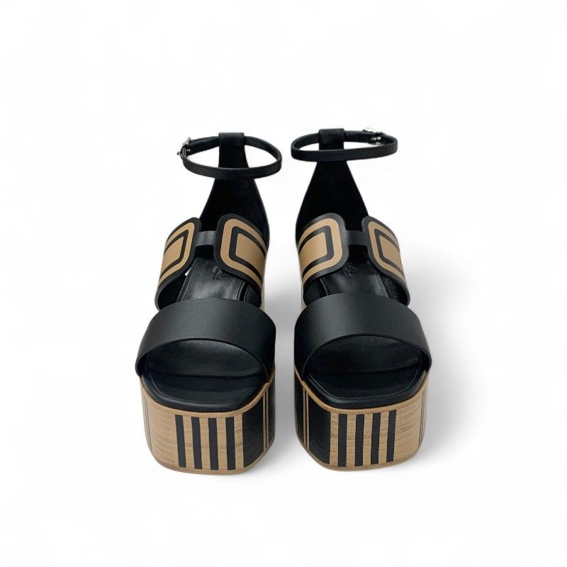 Hermes Charis Sandals Shoes Leather Black Brown Brides De Gala Quadri