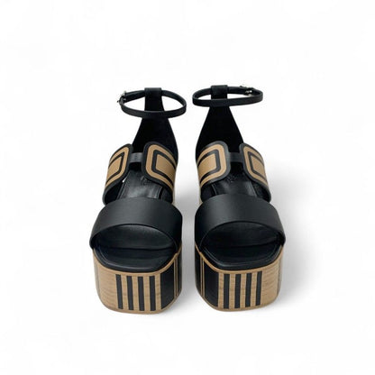 Hermes Charis Sandals Shoes Leather Black Brown Brides De Gala Quadri