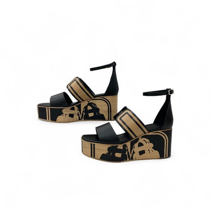 Hermes Charis Sandals Shoes Leather Black Brown Brides De Gala Quadri