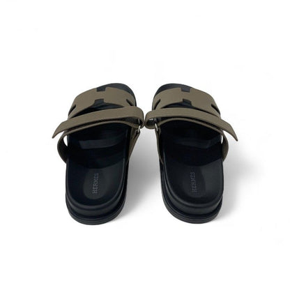 Hermes Chypre Sandals Shoes Leather Greige Velcro Strap Flat