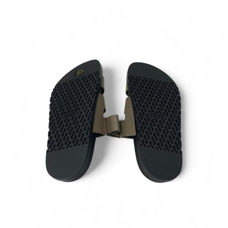 Hermes Chypre Sandals Shoes Leather Greige Velcro Strap Flat