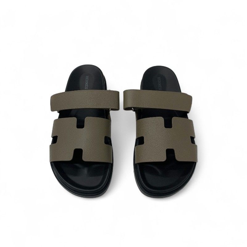 Hermes Chypre Sandals Shoes Leather Greige Velcro Strap Flat