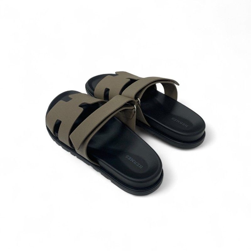 Hermes Chypre Sandals Shoes Leather Greige Velcro Strap Flat