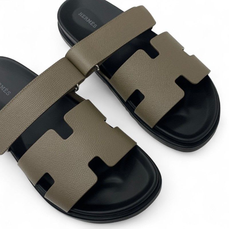 Hermes Chypre Sandals Shoes Leather Greige Velcro Strap Flat